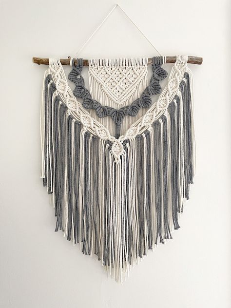 This medium macrame wall hanging is the perfect way to add a statement to your home! The driftwood adds a Bohemian vibe, and the delicate petals and mix of tones makes this art piece stand out whether you use it in your living space, office, nursery, bathroom, or bedroom. This macrame is made from 100% recycled macrame cord in the colours blue-grey and natural. The photos have been edited to best convey the true colour and details of the piece. The wall hanging measures approximately 30" in leng Medium Macrame Wall Hanging, Driftwood Macrame, Nursery Bathroom, Boho Macrame Wall Hanging, Office Nursery, Dream Weaver, Wall Hanging Boho, Tutorials Drawing, Top Ideas