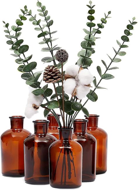 Vases For Centerpieces, Glass Vases Centerpieces, Brown Glass Bottles, Small Glass Vases, Brown Bottles, Glass Bottles With Corks, Romantic Boho, Amber Bottles, Unique Planter