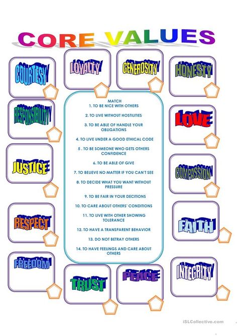 Personal Core Values - English ESL Worksheets for distance learning and physical classrooms Core Values Worksheet, Values Worksheet, Personal Core Values, Soul Speak, Values Education, Personal Values, Core Beliefs, Vocabulary Worksheets, My Values