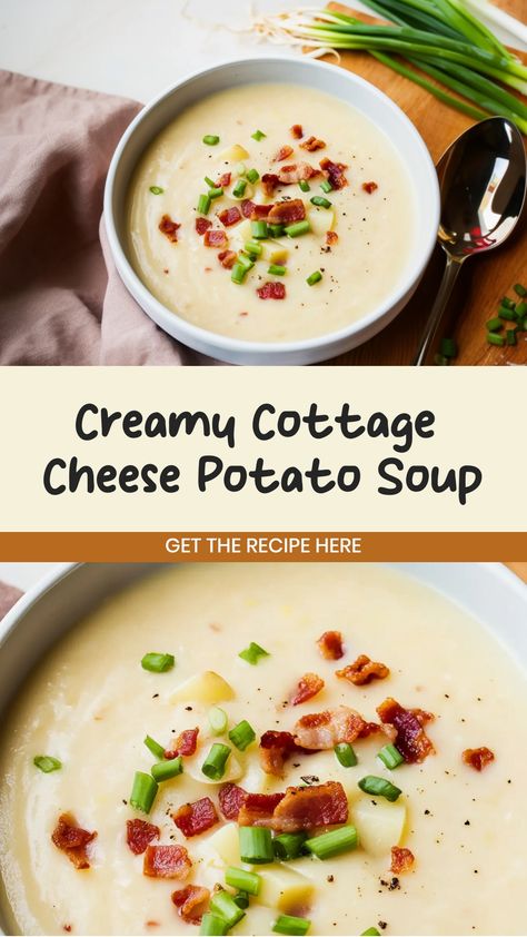 Indulge in a cozy bowl of comfort with this creamy and flavorful cottage cheese potato soup recipe. Made with simple ingredients, this hearty soup is perfect for a chilly day or when you want something satisfying and delicious. With a velvety texture and rich taste, this soup is sure to become a family favorite. Whether you enjoy it as a starter or main course, the combination of tender potatoes and smooth cottage cheese creates a comforting dish that will warm you from the inside out.  Ingredie Cheese Based Soups, Cottage Cheese Potato Soup, Cottage Cheese Tomato Soup, Tomato Soup With Cottage Cheese, Cottage Cheese Blender Recipes, Dinner With Cottage Cheese, Cottage Cheese In Soup, Protein Potato Soup, Soup With Cottage Cheese