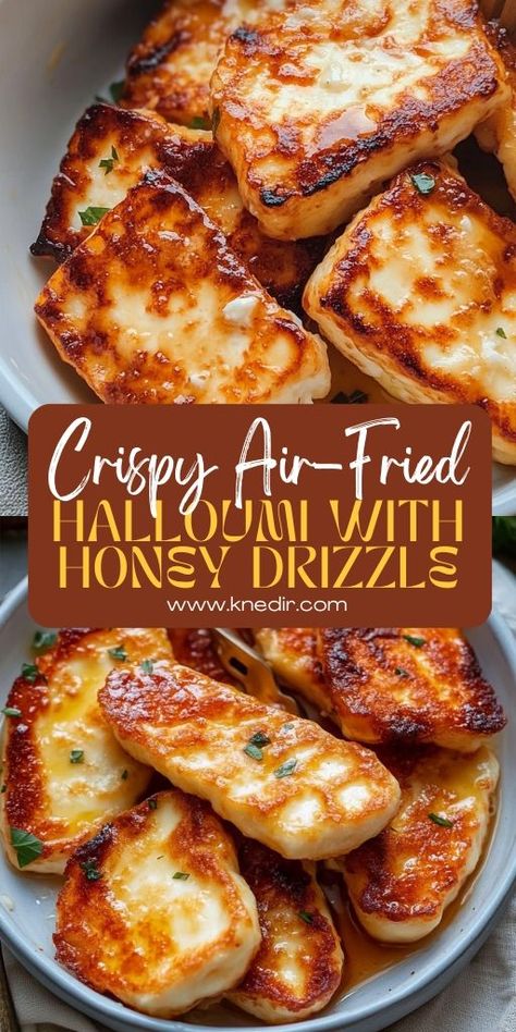 Crispy Air-Fried Halloumi with Honey Drizzle Ingredients: 1 (8 oz) block halloumi cheese Olive oil spray or 1 teaspoon olive oil #Crispy #Halloumi #HoneyDrizzle Air Fryer Halloumi, Halloumi Cheese Recipes, Haloumi Recipes, Fried Mac And Cheese, Honey Drizzle, Fried Halloumi, Halloumi Cheese, Olive Oil Spray, Air Fryer Recipes Easy