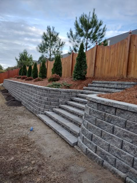 Retaining Walls With Stairs, Retaining Wall With Stairs Ideas, Exterior Retaining Wall Ideas, Retaining Wall Steps Sloped Backyard, Retaining Wall Garden Sloped Backyard, Stairs In Retaining Wall, Slope Backyard Landscaping Ideas, Paver Steps On Slope, Front Steps Retaining Wall