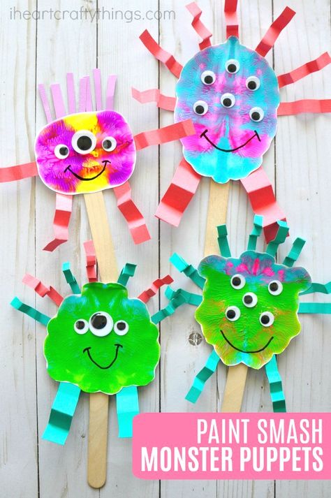 These fun paint smash monster puppets are a great book inspired craft for kids for a monster-themed book. Fun monster craft, kids process art activity, Halloween monster crafts for kids, Halloween crafts and monster kids craft. Monster Crafts For Kids, Germ Crafts, Crafts Kindergarten, Plate Crafts For Kids, Monster Puppet, Preschool Prep, Monster Craft, Paper Plate Crafts For Kids, Monster Crafts