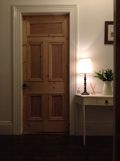 Stripped Edwardian / Victorian internal door and  hallway table . Victorian Bedroom Door, Edwardian Doors Internal, Victorian Doors Internal, Victorian Interior Doors, Terrace Hallway, Victorian Internal Doors, Villa Doors, Edwardian Kitchen, Victorian Doors