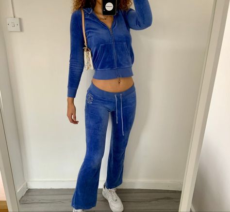 Juicy Couture Track Suit Blue, Juicy Couture Track Suit 2000s, Track Suit 2000s, Blue Juicy Couture Tracksuit, Blue Velour Tracksuit, Blue Y2k Outfit, Velvet Track Suit, Juicy Couture Track Suit, Thrift Wishlist