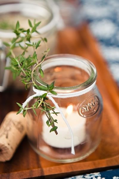 jam jar display Herb Wedding, Herb Bouquet, Deco Champetre, Tafel Decor, Jar Lanterns, Bridal Musings, Jam Jar, Deco Floral, Design Sponge