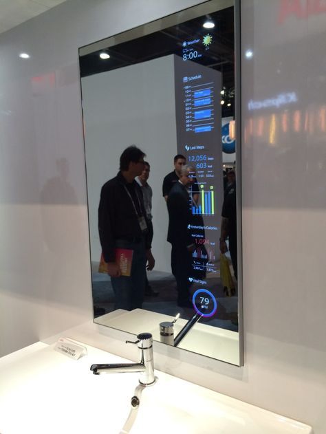 Smart Mirror - Touch overlay and voice recognition control.  Great for use in the bathroom Store Mirror, Gadget Tecnologici, Mirror Display, Mirror Store, Smart Mirror, Pi Projects, Magic Mirror, Future Tech, Smart Home Technology