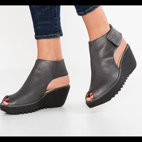 fly Shoes | Fly London Wedge Peep Toe | Color: Black | Size: 9 Fly Shoes London, Latest Ladies Shoes, Pointed Loafers, Fly Shoes, Fly London Shoes, London Shoes, Shoes Heels Wedges, Retro Shoes, Fly London