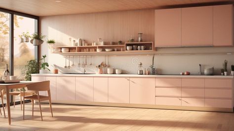 A sunny kitchen with light peach color cabinetry, hardwood flooring, and a table and chairs royalty free stock image Apartment Cabinets, Sunny Kitchen, Light Peach Color, Light Peach, Hardwood Flooring, Peach Color, Kitchen Colors, Kitchen Lighting, Table And Chairs