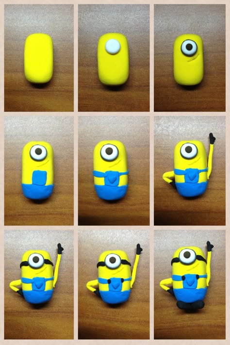 Minions from clay. For more info, check out www.joeykayvern.blogspot.com :) Minion Clay Art, Clay Crafts Step By Step, Cartoon Clay Art, Clay Ideas Step By Step, Clay Figures Easy Step By Step, Clay Characters Easy, Clay Cartoon Characters, Clay Minion, Play Dough Sculptures