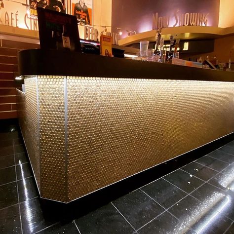 Gold Glass Penny Round Mosaic Tile Movie Theater Lobby Counter Theater Lobby, Gold Mosaic Tile, Mosaic Tile Sheets, Penny Round Mosaic, Gold Tile, Gold Mosaic, Penny Round Tiles, Round Mosaic, Penny Tile