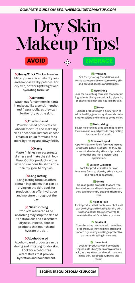 Welcome to the Beginners Guide To Makeup! If you have dry skin, it’s essential to understand which makeup terms to look for and avoid. This guide will help you navigate through the world of cosmetics and make informed choices for your skin. Makeup Steps For Dry Skin, Make Up For Dry Skin Products, Dry Skin Makeup Step By Step, Skincare Guide For Beginners, Makeup Dry Skin Tips, Makeup For Dry Skin Tips, Dry Skin Makeup Tips, Makeup Tips For Dry Skin, Makeup For Dry Skin