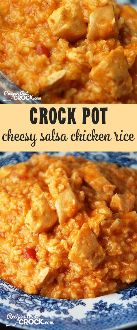 This Crock Pot Cheesy Salsa Chicken Rice is a delicious way to change up Mexican night! Cheesy Salsa Chicken, Mexican Night, Chicken Rice Recipes, Crock Pot Food, Delicious Slow Cooker Recipes, Bake Chicken, Crockpot Dinners, Pot Dinners, Salsa Chicken