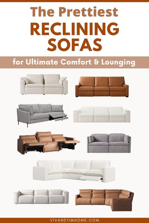 Reclining sofa roundup. Text reads: The Prettiest Reclining Sofas Reclining Sofa Decor, Theater Couches, Modern Sectional Living Room, Leather Sectional Living Room, Sectional Living Room Decor, Sofa Sectionals, Power Reclining Sectional Sofa, Sectional Living Room, Pretty Living Room