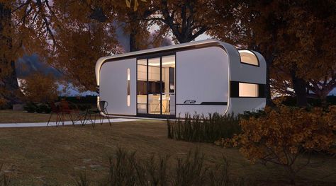 Cube One Tiny House by Nestron House Nestron House, Prefabricated Cabins, Tiny House Blog, A Frame Cabins, Solar Panels Roof, Micro House, Built In Furniture, Winter Cabin, A Frame Cabin