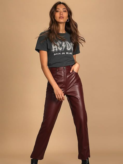 Lulus Burgundy Faux Leather Pants Brown Leather Pants Outfit, Burgundy Pants Outfit, Faux Leather Pants Outfit, Faux Leather Leggings Outfit, Red Leather Pants, Brown Leather Pants, Leather Leggings Outfit, Lulu Pants, Burgundy Pants