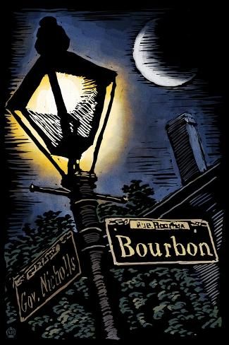 size: 18x12in Art Print: Bourbon Street - New Orleans, Louisiana - Scratchboard by Lantern Press : Scratchboard Art, Bourbon Street, Large Framed Prints, Modern Photography, New Orleans Louisiana, Hanging Art, Trending Decor, Full Moon, Bourbon