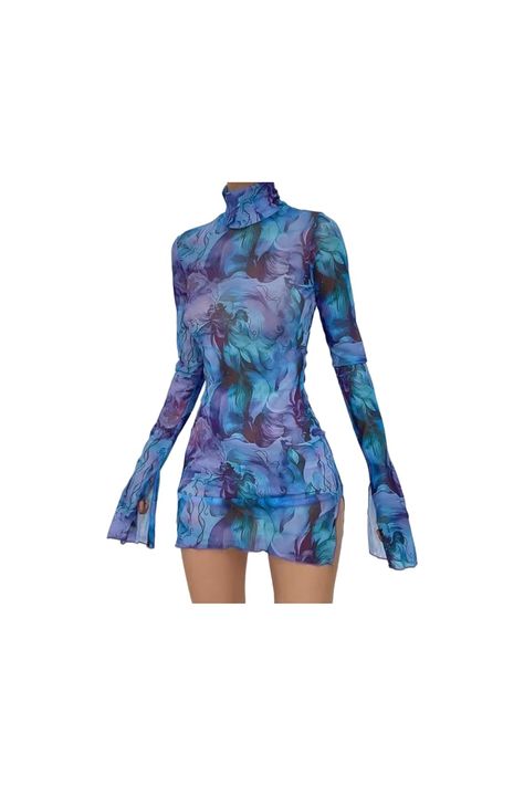 Women’s Floral Tie Dye Sheer Mesh Mini Dress Sexy Mock Neck Split Bodycon Flared Long Sleeve Beach Party Dress Beach Party Dress, Mesh Mini Dress, Flare Long Sleeve, Beach Party, Floral Tie, Mock Neck, Night Out, Party Dress, Tie Dye