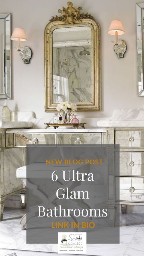 Ultra Glam Bathrooms You'll love Glam Primary Bathroom, Hollywood Glamour Bathroom, Glamorous Small Bathroom, Parisian Bathroom Aesthetic, Glam Bathroom Ideas Luxury, Glam Half Bathroom Ideas, Glam Bathroom Decor Luxury, Lux Bathroom Ideas, Elegant Guest Bathroom Decor