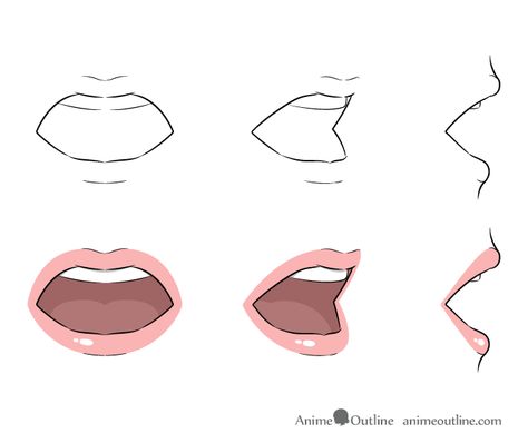 How to Draw Anime Lips Tutorial - AnimeOutline Open Mouth Drawing, Sketch Mouth, Lip Drawings, Side Face Drawing, Anime Mouth Drawing, Manga Tokyo Ghoul, Side View Drawing, Lips Sketch, Anime Mouths