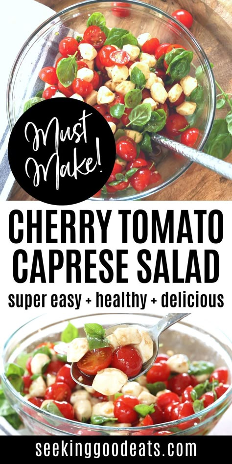 Cherry Tomato Caprese Salad - only 5 minutes of prep a few simple ingredients! Fresh cherry tomatoes, mozzarella, and basil are tossed with a tangy vinegar dressing. This caprese salad cherry tomatoes is the perfect summer salad for your next potluck, backyard bbq, or cookout! Chopped caprese salad is a low carb & keto salad! Cherry Tomato Mozzarella Salad, Salads With Cherry Tomatoes, Cherry Tomato Caprese Salad, Caprese Salad Cherry Tomatoes, Caprese Salad Dressing, Best Caprese Salad, Mozzarella Tomato Basil, Tomato Caprese Salad, Tomato Basil Salad