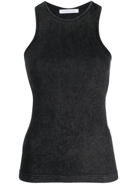 distressed-effect ribbed tank top from JOHN ELLIOTT featuring black, stretch-design, ribbed knit, distressed effect, crew neck, sleeveless and straight hem. This item is in size M and the color is Black Womens Sleeveless Tops, Latest Fashion Design, Knitted Tops, Ribbed Tank Tops, Cami Tanks, Black Stretch, Black Tank Tops, Victoria Beckham, Jimmy Choo