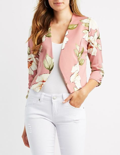 Floral Blazer Outfit, Collarless Blazer, Ruched Sleeve Blazer, Floral Print Blazer, Kaftan Designs, Blazer White, Trendy Hoodies, Ruched Sleeve, Trendy Fashion Tops