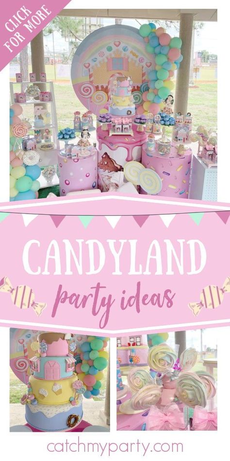 Candyland Pastel Theme Party, Candyland Loot Bags, Candyland Themed Party Food, Candy World Theme Party, Candyland Decorations Party, Candyland Cookies, Candyland Baby Shower Theme, Candy Land Theme Cake, Pastel Candyland Birthday Party