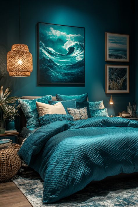 19 Neutral Accents to Balance a Bold Dark Teal Bedroom Aesthetic Teal Blue Accent Wall, Dark Teal Bedding, Dark Teal Walls, Blue Accent Wall Bedroom, Teal Bedroom Designs, Dark Teal Bedroom Ideas, Dark Teal Bedroom, Teal Bed, Blue Accent Wall