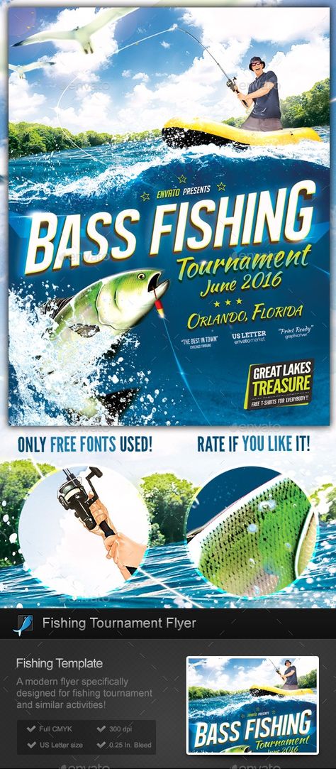 angling, bassfishing, big-game, boat, competition, documentary, fisher, fishing, flyer, hooks, lakes, lines, lures, noodling, poster, sport fishing, template, tournament, trout tickling This is a flyer / poster template specifically designed for fishing, fishing tournaments, bass fishing, sports, documentaries and anything related to sea / lake water sports or recreational activities. The flyer is fully layered, you can move/remove many elements of it.   	The free fonts used are:   Alegre S... Fishing Posters, Canoe Slalom, Fishing Poster, Fishing Tournament, Fishing Boats For Sale, Sport Fishing Boats, Sport Poster Design, Fishing Hooks, Sports Flyer