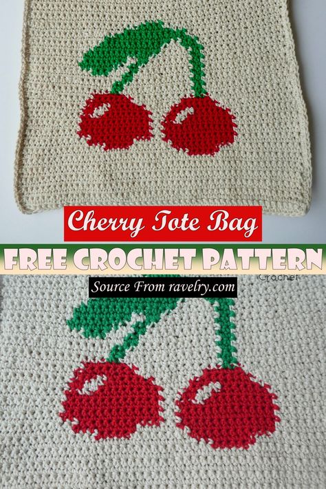 Cherry Crochet Granny Squares, Crochet Cherry Granny Square, Crochet Cherry Bag, Crochet Cherry Pattern, Cherry Granny Square, Free Tapestry Crochet Patterns, Cherry Crochet Pattern, Crochet Cherries, Cherry Tote Bag