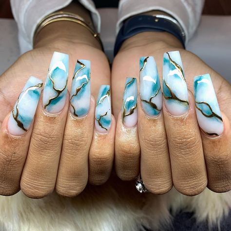 Marble Nail Art Designs, Turquoise Nail Designs, Marble Acrylic Nails, Water Marble Nail Art, Water Marble Nails, Turquoise Nails, Marble Nail Designs, Art Designs Ideas, Marble Nail