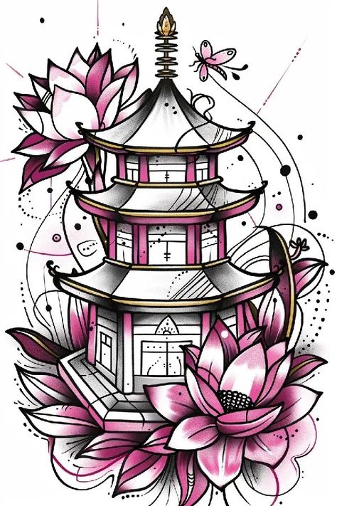 Tattoo idea: dot work  style tattoo A pagoda with a rooftop garden Pagoda Sketch, Pagoda Tattoo, Egypt Tattoo Design, Symmetrical Tattoo, Scale Tattoo, Egypt Tattoo, Full Sleeve Tattoo Design, New Tattoo Designs, Mulan Disney