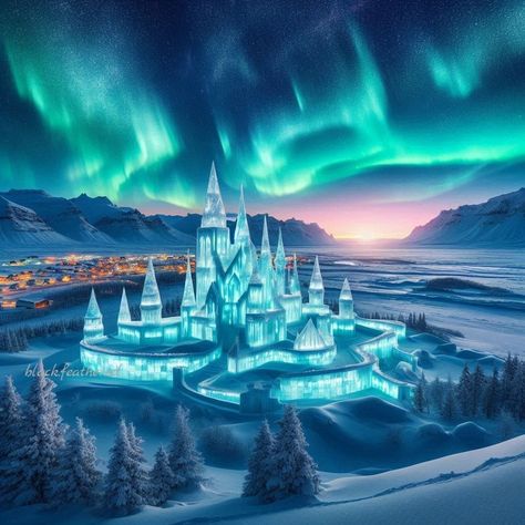 a castle made of ice ❄🧊🏰 #frozencastle #castlefrozen for 2 challenges: Northern lights, @ai_creations_24 's #JUNEAICREATIONS Fantasy, @minniesmetalheads 's #AIARTJuneJamboree #aiart #aiartwork #aigeneratedimage #bingimagecreator #ainorthernlights #aifrozen Frozen Scenery Disney, Frozen Castle, Ice Fantasy, Ice Castle, Ice Castles, Dreamy Artwork, Fantasy Castle, A Castle, June 15