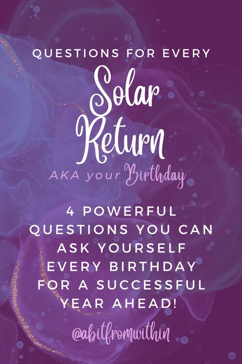 4 powerful questions you can ask yourself every birthday for a success year ahead! These questions will help you make the most of your birthday by reflecting on the past year, while getting ready to make a birthday wish by knowing what you're hoping for this year with clarity and vision! Solar Return Birthday Quotes, Birthday Goals For The Year, Birthday Reflection Questions, Birthday Reflection Quotes, Birthday Reflection, Birthday Rituals, Birthday Resolutions, Reflecting On The Past Year, Birthday Questions