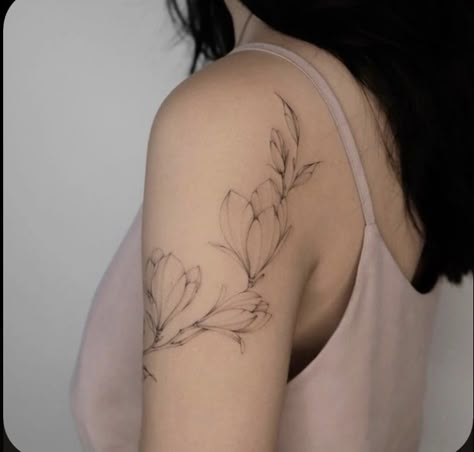 Tree Tattoo Fine Line, Magnolia Tree Tattoo, Melanie Tattoo, Dope Hand Tattoos For Women, Flower Tattoo Fine Line, Flower Vase Tattoo, Vase Tattoo, Feminine Shoulder Tattoos, Tattoo Fine Line