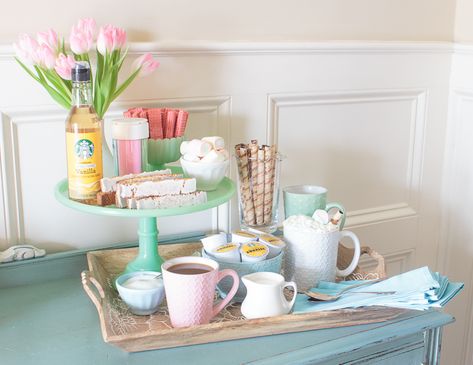 Spring Coffee Bar, Diy Coffee Bar Cart, Coffee Bar Decor Ideas, Home Coffee Bar Ideas, Bar Decor Ideas, Coffee Bar Cart, Rack Decor, Coffee Station Ideas, Diy Coffee Station