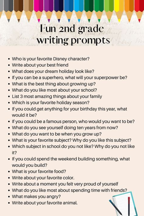 Fun 2nd grade writing prompts Writing Topics For First Grade, Preparing For 2nd Grade, 2nd Grade Story Writing, Grade 1 Writing Prompts, Creative Writing Topics For Grade 2, Second Grade Fun Activities, Second Grade Writing Prompts Free, Second Grade Journal Prompts, Writing 1st Grade Activities