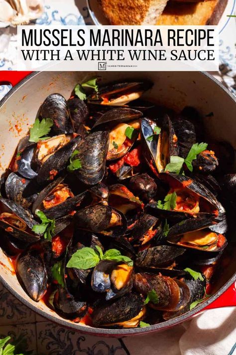 Easy mussels marinara recipe with canned tomatoes, garlic, white wine, and parsley. Serve with toasted bread for dipping! Mussels Marinara, Garlic Broth, Marinara Recipe, Steamed Mussels, Mussels Recipe, The Mediterranean Dish, Canned Tomatoes, Tomato Broth, White Wine Sauce