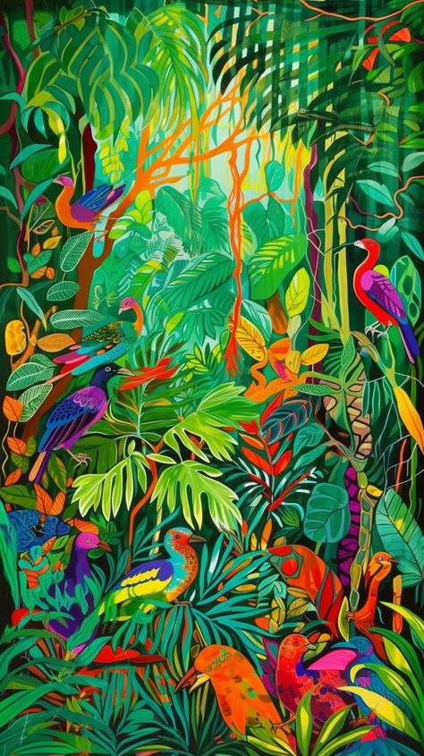 Transform your phone into a tropical oasis with this vibrant and colorful acrylic painting of a lush jungle. Featuring bold brushstrokes and vivid colors, this stunning artwork captures the beauty and majesty of nature in all its glory. Perfect for nature lovers who want to bring a touch of the outdoors with them wherever they go. Download this gorgeous painting as a wallpaper for your cellphone and enjoy the beauty of the jungle every time you use your phone. Jungle Acrylic Painting, Tropical Illustration Graphics, Jungle Painting Acrylic, Jungle Art Tropical, Tropical Jungle Illustration, Rainforest Painting, Jungle Artwork, Rainforest Art, Colorful Acrylic Painting