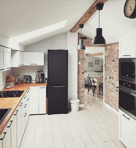 Modern Kitchen Wall Tiles, Kitchen Wall Tiles Ideas, Attic Kitchen Ideas, Wood Attic, Wall Tiles Ideas, Black Fridge, Dirty Kitchen Design, Attic Kitchen, Minimalism Inspiration