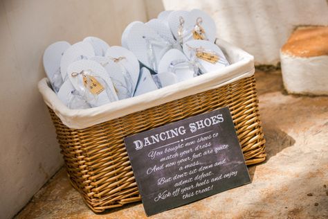 13 Ways to Make Sure the Dance Floor is Packed at Your Wedding | weddingsonline Wedding Flip Flops For Guests, Flip Flop Basket, Dancing Shoes Wedding, Outdoor Dance Floors, Flip Flop Sign, Outdoor Bride, Wedding Flip Flops, Shoe Basket, Dance Floor Wedding