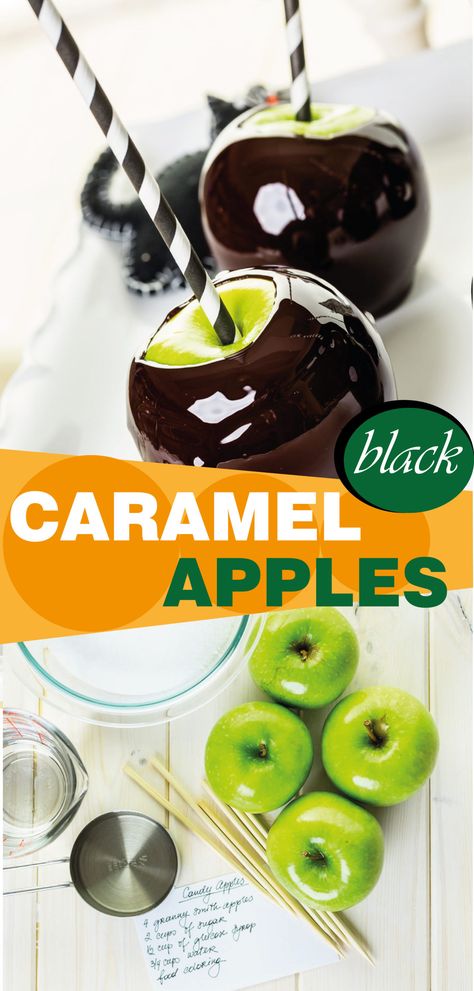 Caramel Candy Apples, Colored Candy Apples, Caramel Apples Halloween, Black Candy Apples, Candy Apple Recipe, Sweet And Spooky, Colorful Decorations, Halloween Food Treats, Black Candy