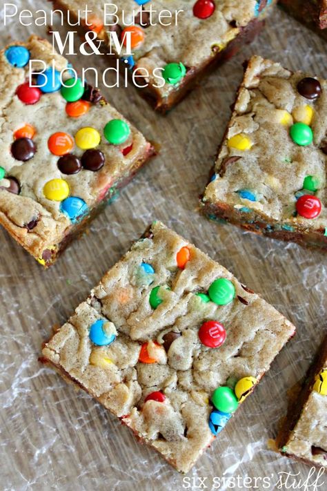 Peanut Butter M&M Blondies | Six Sisters' Stuff M M Blondies, Easy Summer Dessert Recipes, Six Sisters Stuff, Blondies Recipe, Easy Summer Desserts, Summer Dessert Recipes, Candy Bars, Peanut Butter Cookies, Dessert Bars