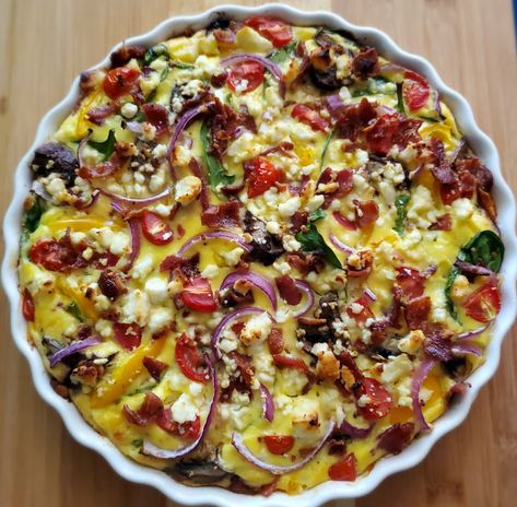 Ricotta Frittata, Bacon Frittata, Yellow Bell Pepper, Quiche Dish, Spinach Ricotta, Fresh Spinach, Whipping Cream, Crumbled Bacon, Tunisian Crochet