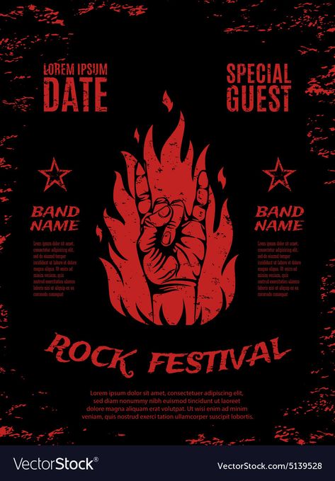 Rock And Roll Poster Design, Rock Band Graphic Design, Metal Festival Poster, Rock N Roll Design, Rock Music Festival Poster, Rock Concert Poster Design, Fire Poster Design, Rock And Roll Illustration, Alternative Rock Aesthetic