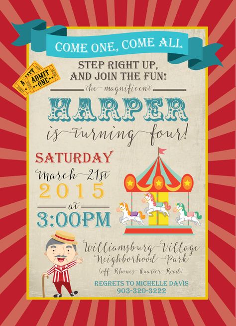 Carnival Birthday Invitation by papernpeonies on Etsy Circus Birthday Invitations, Carnival Birthday Invitations, Circus Invitations, Circus Birthday Party Theme, Diy Party Crafts, Carnival Birthday Party Theme, Circus Theme Party, Carnival Themed Party, Circus Birthday Party