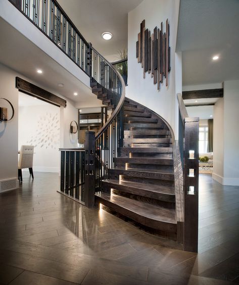 15 Engaging Ideas For Designing Curved Staircase In Your Home Staircase Wall Decor Ideas, Staircase Contemporary, Rustic Stairs, Modern Stair Railing, Staircase Wall Decor, Contemporary Stairs, Stairway Lighting, Contemporary Staircase, Beautiful Stairs