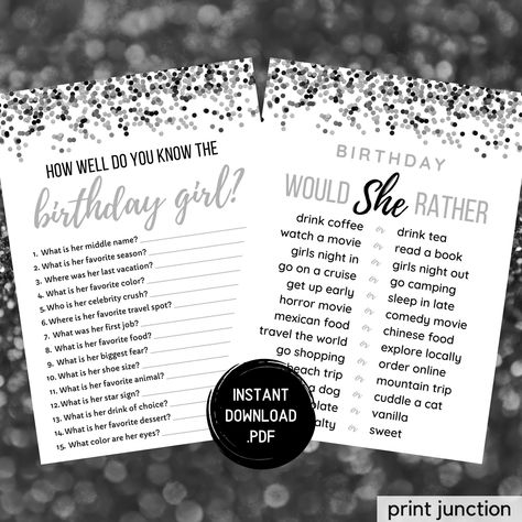 How Well Do You Know The Birthday Girl, Who Knows The Birthday Girl Best, Printable Birthday Games, Bachelorette Party Games Drinking, Adult Birthday Party Games, Reveal Party Games, Christmas Addition, Would She Rather, Gender Reveal Party Games