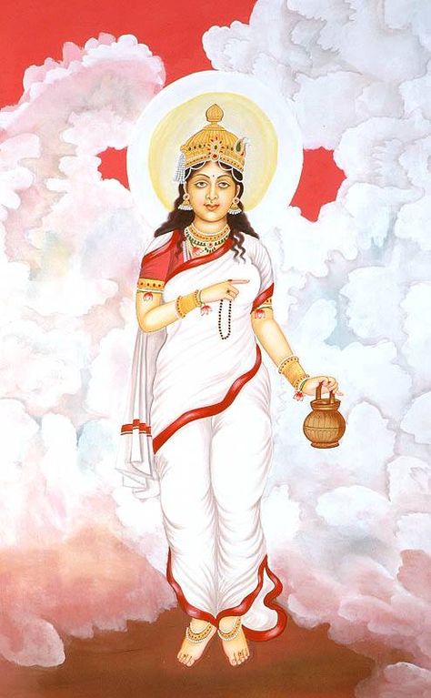 Mata Brahmacharini is worshipped on second day of Navarathri. Brahmacharini personifies love and loyalty. She holds japa mala in her right hand and Kamandal in left hand. She is also called as ‘Uma’ and ‘Tapacharini’ and provides knowledge and wisdom to her devotees. Durga Ji, Happy Navratri Images, The Mahabharata, Shakti Goddess, Durga Images, Navratri Images, Devi Durga, Happy Navratri, Durga Puja